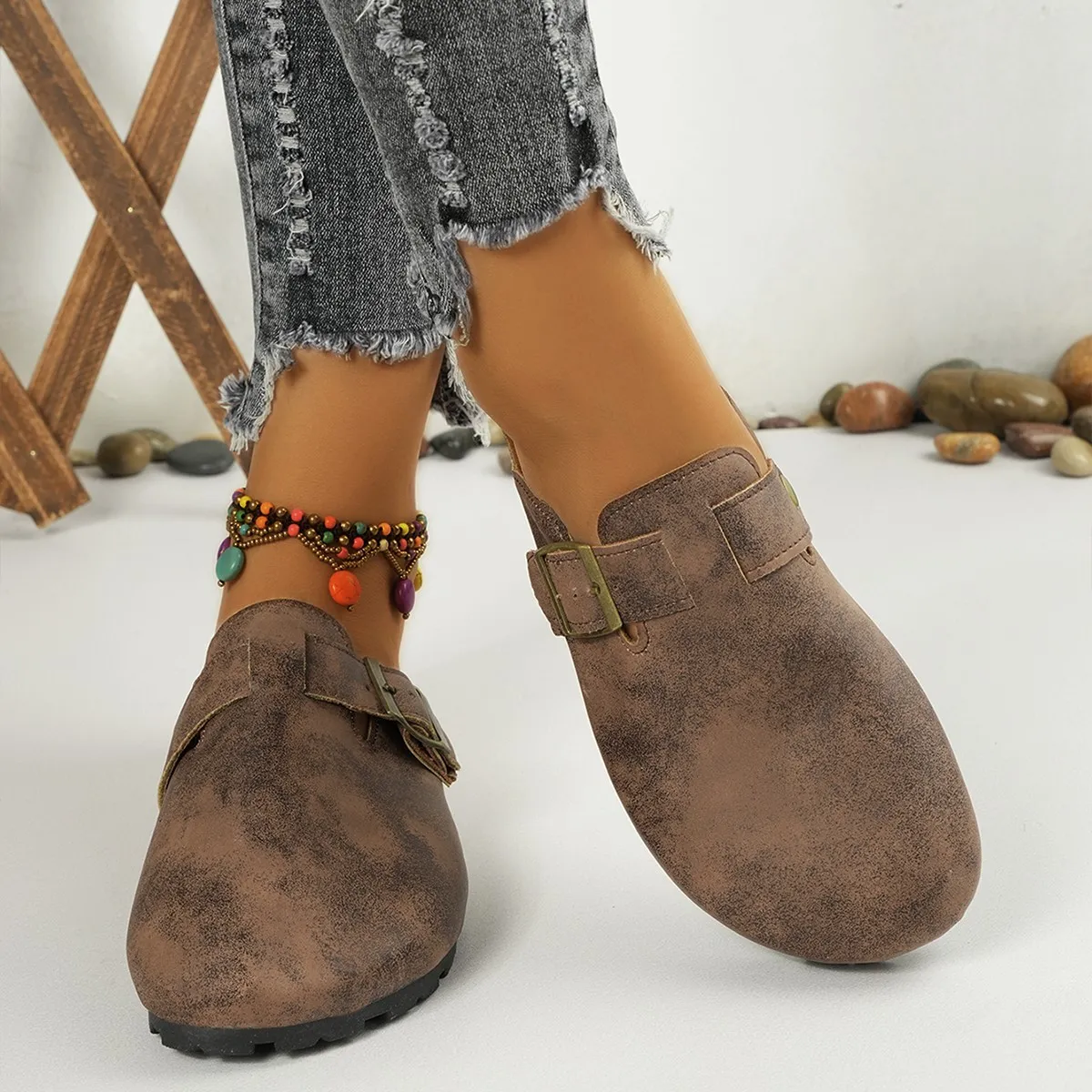 Women Fashion Casual Retro Solid Color Cork Round-Toe Mules Shoes