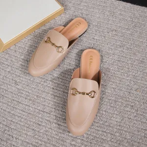 Women Fashion Casual Solid Color Round-Toe Horse Buckle Flat Mules Shoes