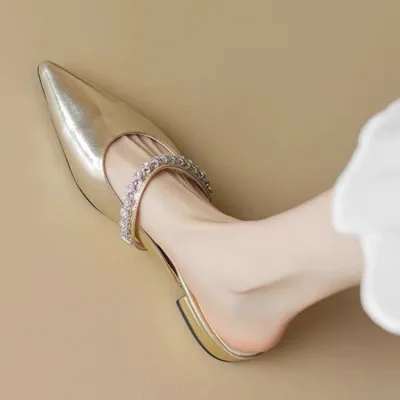 Women Fashion Solid Color Pointed-Toe Rhinestone Flat Mules Shoes