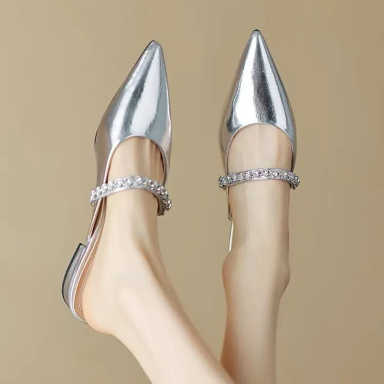 Women Fashion Solid Color Pointed-Toe Rhinestone Flat Mules Shoes