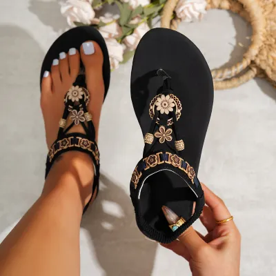 Women Fashion Casual Ethnic Floral Decoration Flip-Flops Flat Sandals