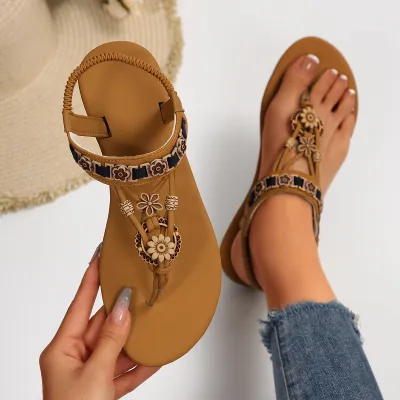 Women Fashion Casual Ethnic Floral Decoration Flip-Flops Flat Sandals