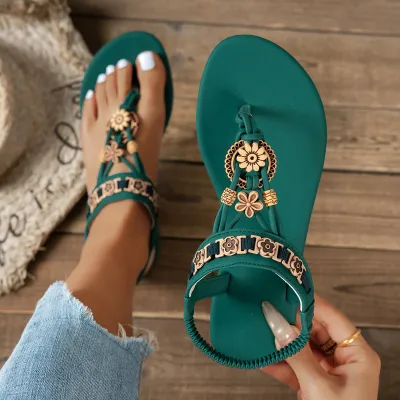 Women Fashion Casual Ethnic Floral Decoration Flip-Flops Flat Sandals