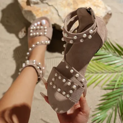 Women Fashion Solid Color Pearl-Embellished Straps Flat Sandals