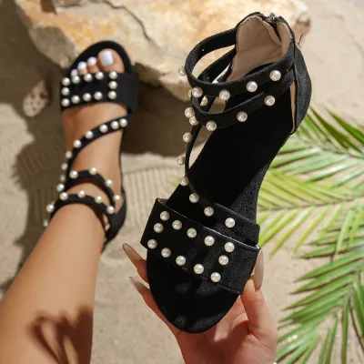 Women Fashion Solid Color Pearl-Embellished Straps Flat Sandals