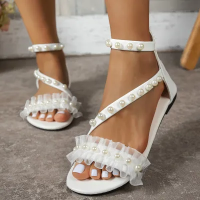 Women Fashion Elegant Pearl Embellished Flats With Strap Sandals