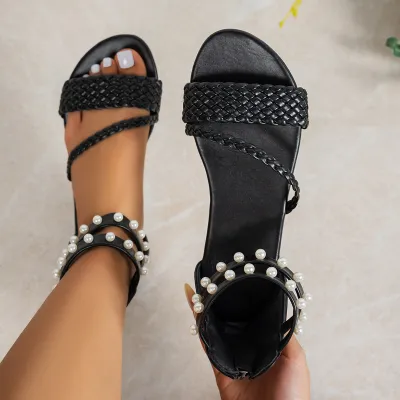Women Fashion Elegant Pearl Embellished Flats With Strap Sandals