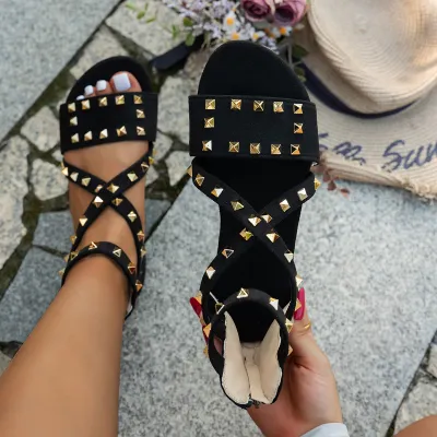 Women Fashion Casual Solid Color Rivet Cross Strap Zipper Flat Sandals