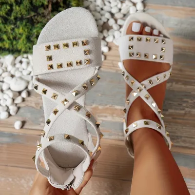 Women Fashion Casual Solid Color Rivet Cross Strap Zipper Flat Sandals