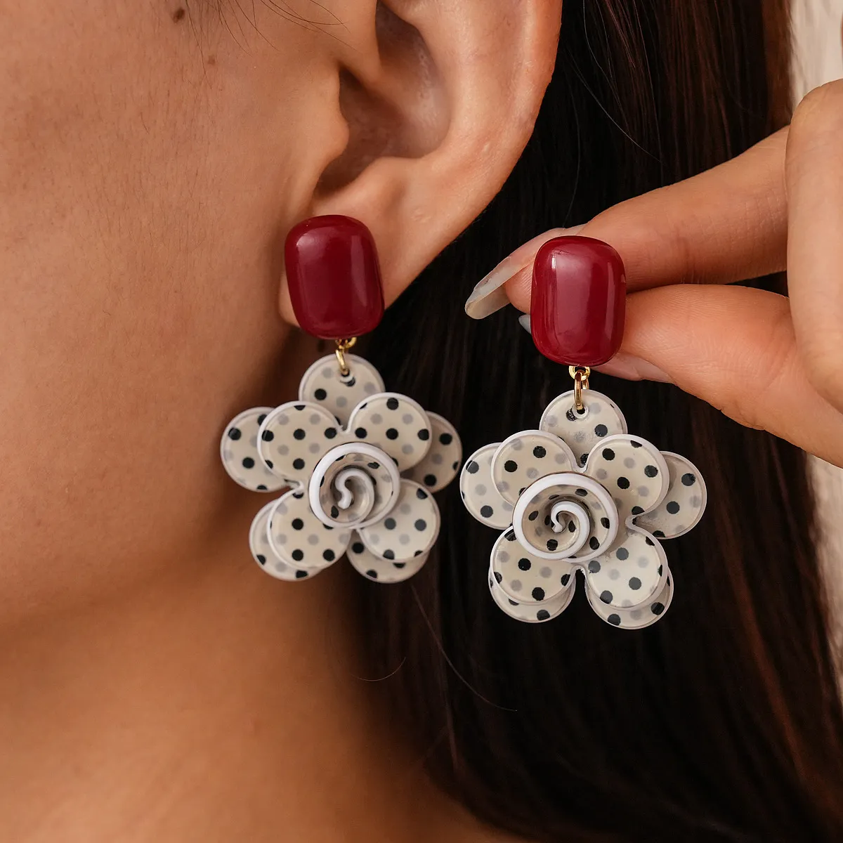 Vintage Acrylic Polo Dot Floral Earrings