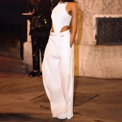 Women Fahsion Casual Solid Color Round Neck Sleeveless Slim-Fit Wide Leg Jumpsuits