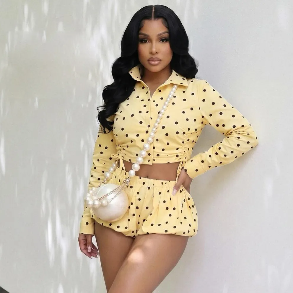 Women Fashion Polka Dot Print Lapel Long-Sleeve Drawstring Crop Top Bubble Shorts Two-Piece Set