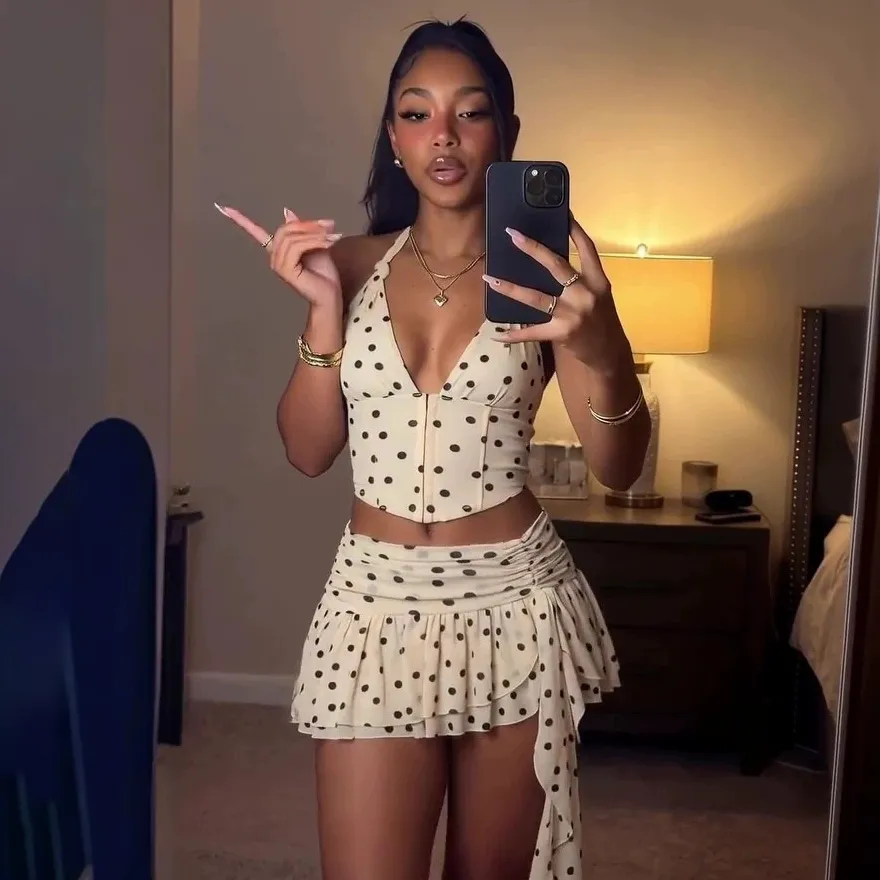 Women'S Fashion Sexy Summer Polka Dot Print Chiffon Halter-Neck Crop Top Slim-Fit Ruffled Mini Skirt Two-Piece Set