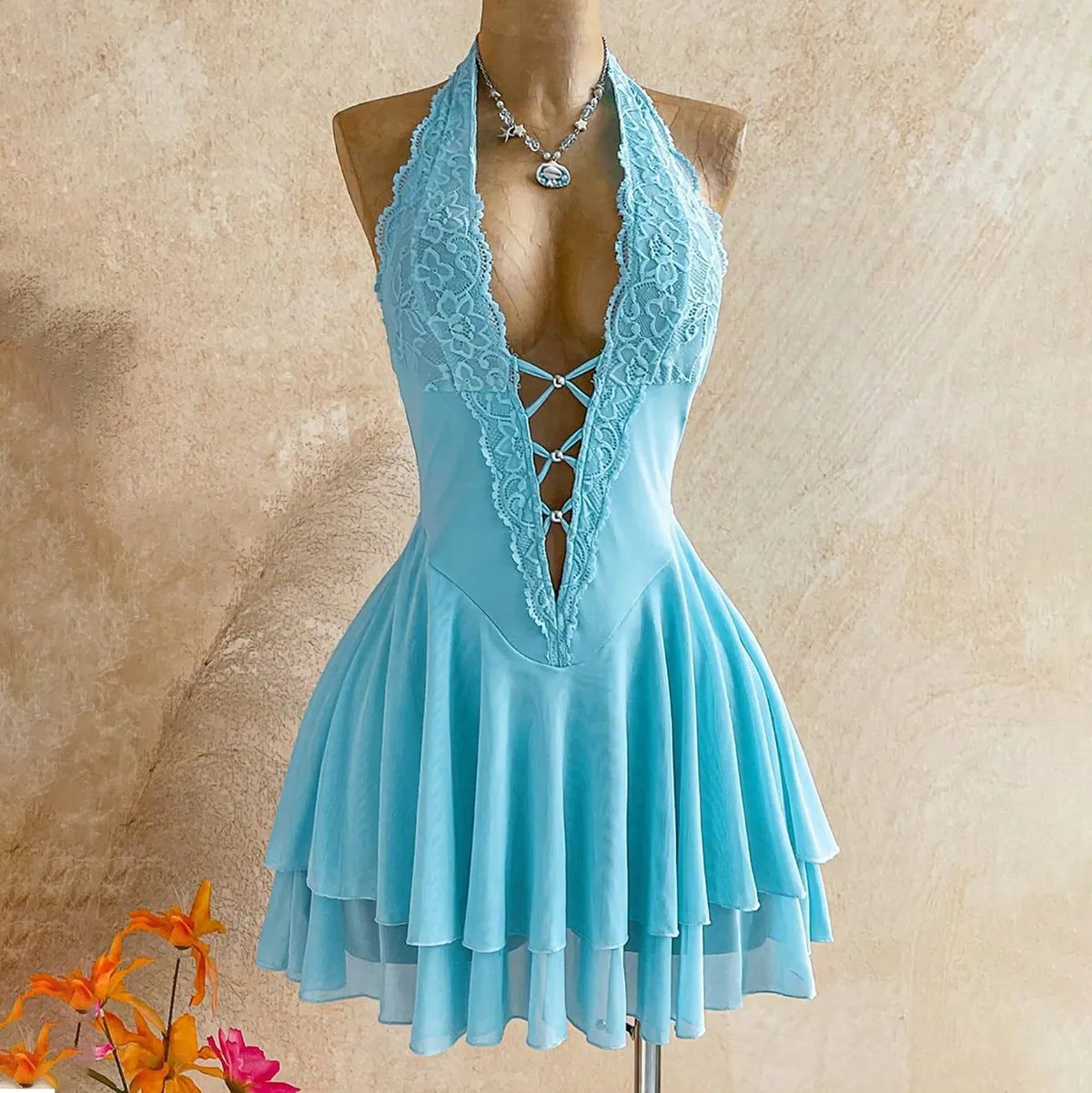 Women Fashion Sexy Summer Solid Color Lace Halter-Neck Backless Lotus Leaf Dress