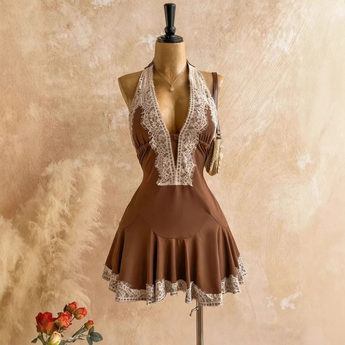 Women Fashion Sexy Lace Stitching Deep V -Neck Halter-Neck Waisted Ruffled A- Line Dress