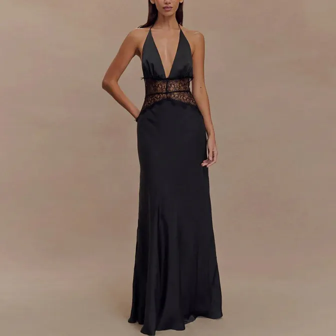 Women Fashion Sexy Silk Satin Lace Stitching Halter-Neck Lace-Up Dress