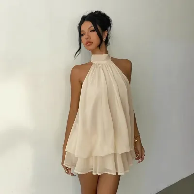 Women Fashion Sexy Solid Color Backless Neck Mini Dress