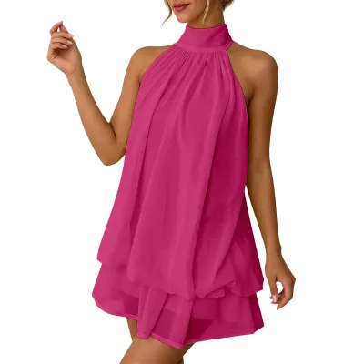 Women Fashion Sexy Solid Color Backless Neck Mini Dress