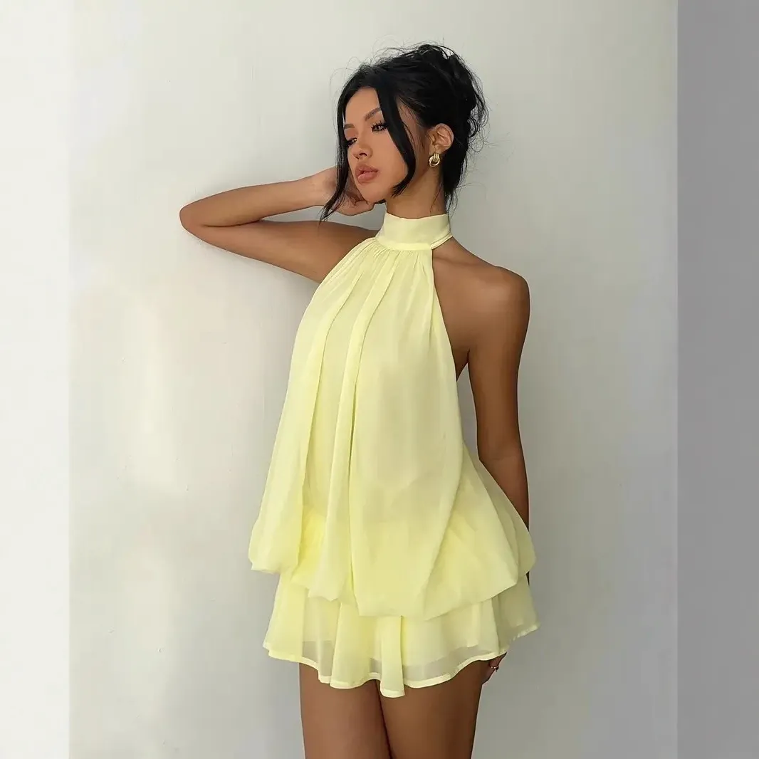 Women Fashion Sexy Solid Color Backless Neck Mini Dress