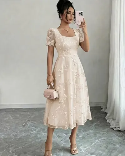 Women Fashion Elegant Solid Color Embroidered Mesh Square Collar Bubble Sleeve Tight Waist A-Line Dress