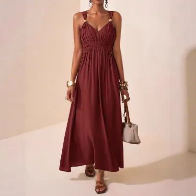 Women Fashion Spring And Summer Solid Color Sleeveless Thin Deep V-Neck Large Swing A- Line Dress