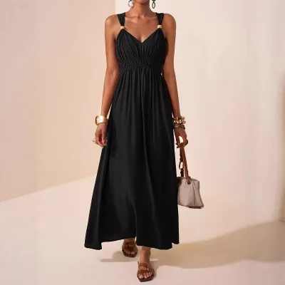 Women Fashion Spring And Summer Solid Color Sleeveless Thin Deep V-Neck Large Swing A- Line Dress