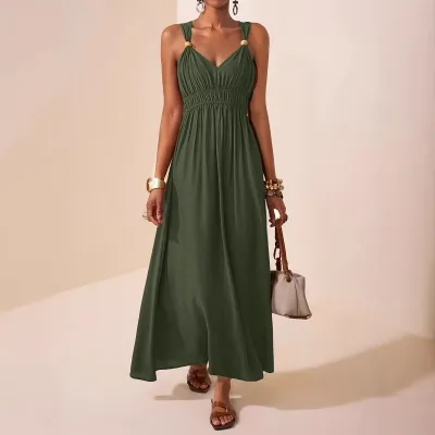 Women Fashion Spring And Summer Solid Color Sleeveless Thin Deep V-Neck Large Swing A- Line Dress