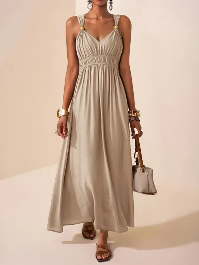 Women Fashion Spring And Summer Solid Color Sleeveless Thin Deep V-Neck Large Swing A- Line Dress