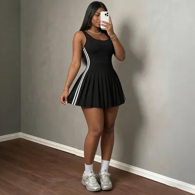 Women Fashion Summer Sleeveless Pleated Slim-Fit A-Line Dress