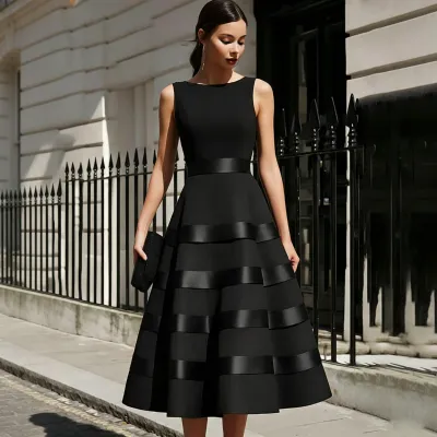 Women Fashion Elegant Solid Color Sleeveless Laminated Waist Design A-Line Dress