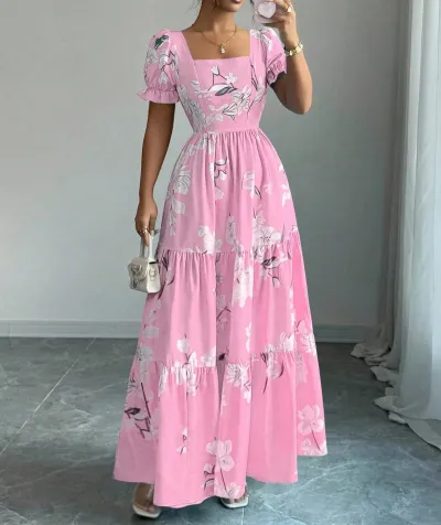 Women Fashion Elegant Flower Printed Square Neck Short-Sleeve A-Line Dress