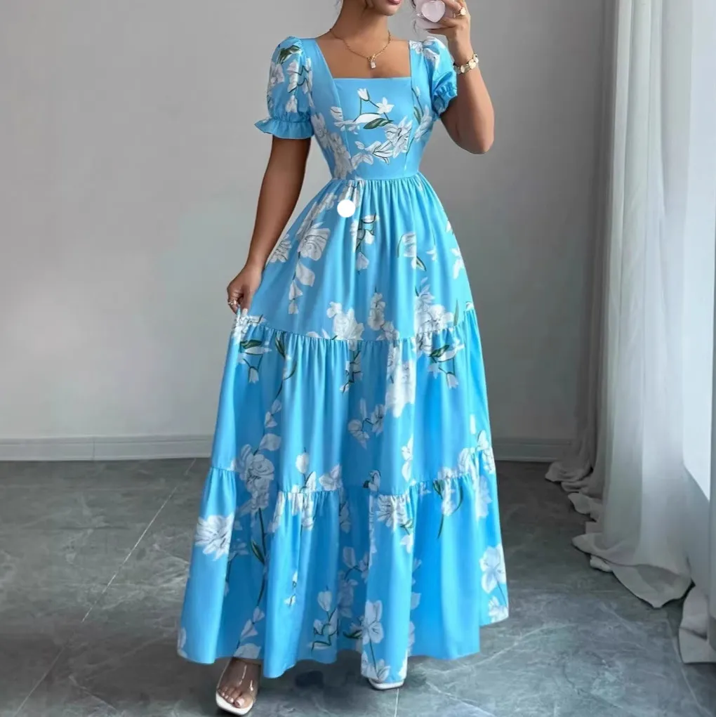 Women Fashion Elegant Flower Printed Square Neck Short-Sleeve A-Line Dress