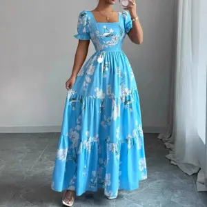 Women Fashion Elegant Flower Printed Square Neck Short-Sleeve A-Line Dress