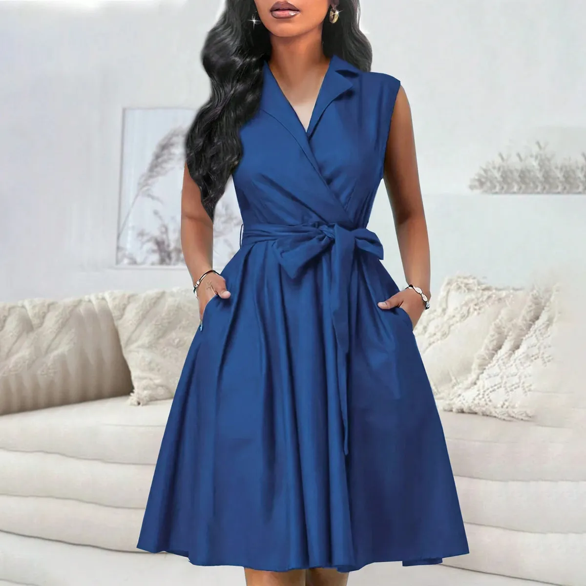 Women Fashion Casual Solid Color Sleeveless Waisted Lace-Up A- Line Dress