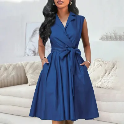 Women Fashion Casual Solid Color Sleeveless Waisted Lace-Up A- Line Dress