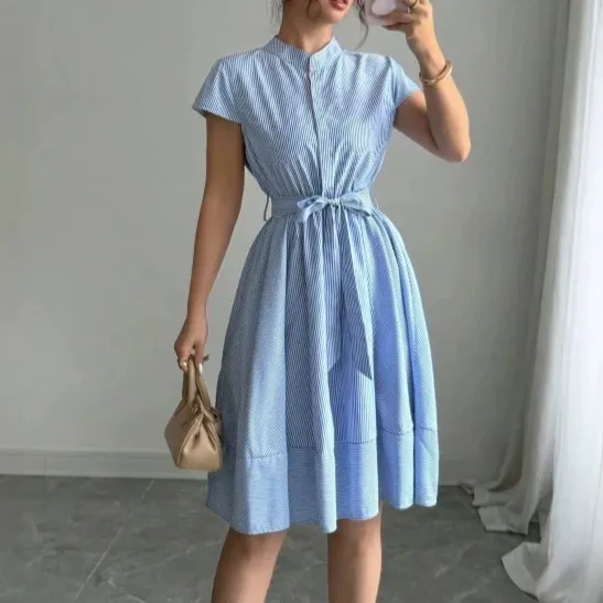 Women Fashion Summer Blue And White Stripe Stand Collar Short Sleeve A- Line Dress