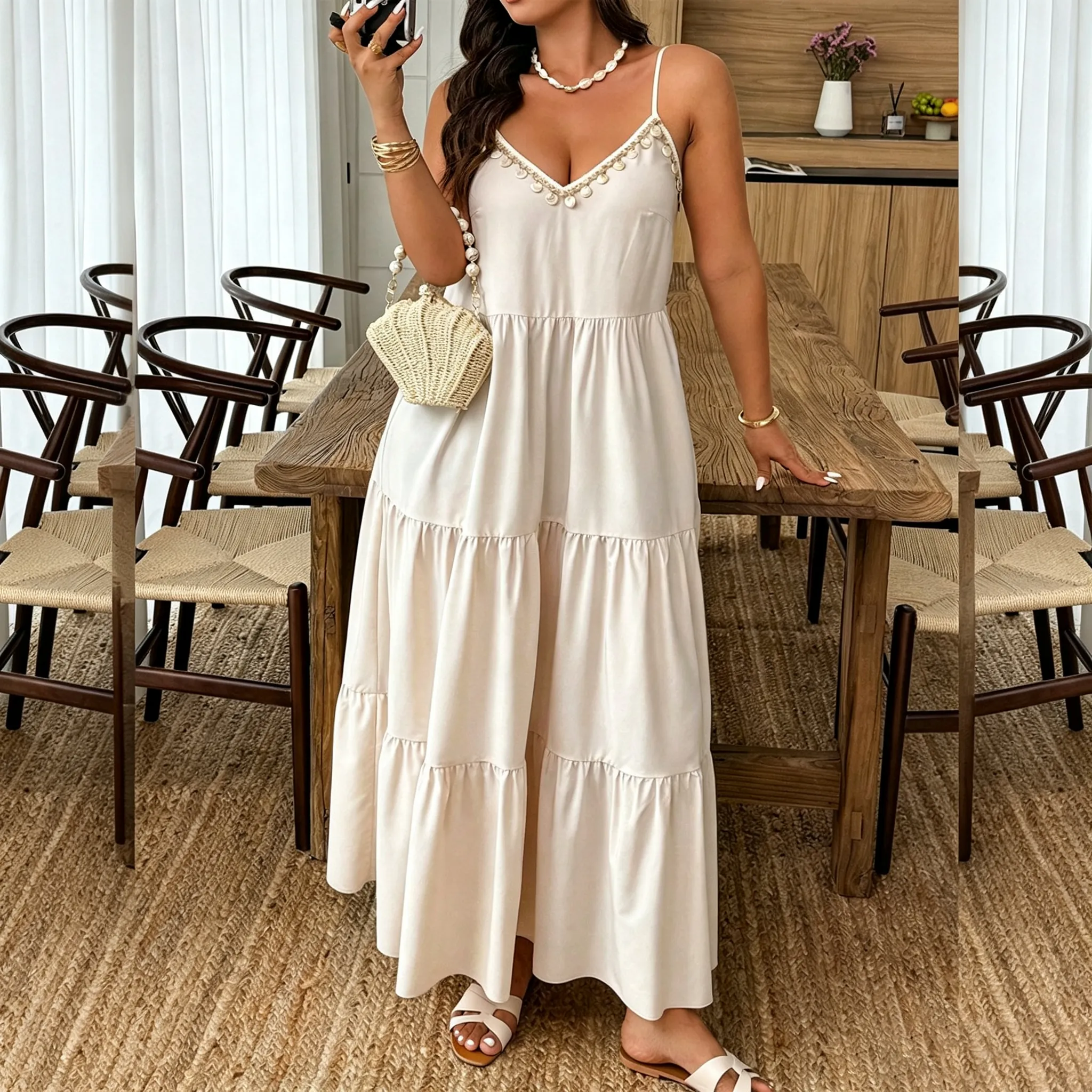 Women Fashion Plus Size Solid Color V-Neck Tassel Trim Decoration Spaghetti Strap Loose Dress