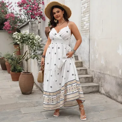 Women Fashion Plus Size Spring And Summer Printed Spaghetti Strap Waist Strap A-Line Dress
