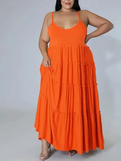 Women Fashion Casual Plus Size Summer Solid Color Spaghetti Strap Loose Dress