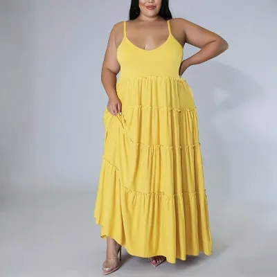 Women Fashion Casual Plus Size Summer Solid Color Spaghetti Strap Loose Dress