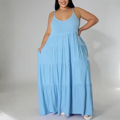 Women Fashion Casual Plus Size Summer Solid Color Spaghetti Strap Loose Dress