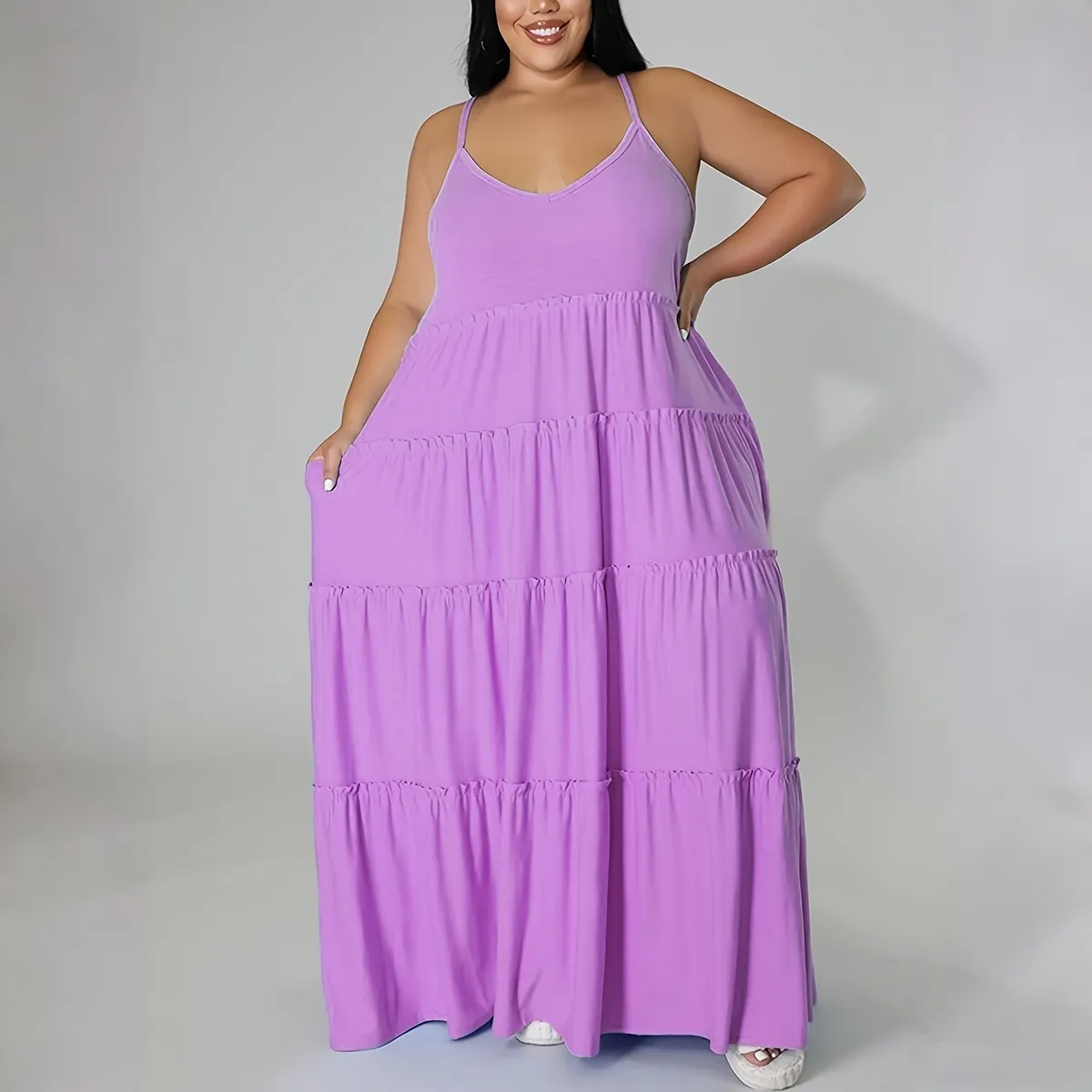 Women Fashion Casual Plus Size Summer Solid Color Spaghetti Strap Loose Dress