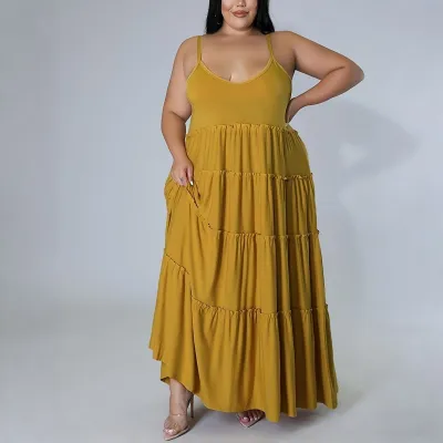 Women Fashion Casual Plus Size Summer Solid Color Spaghetti Strap Loose Dress