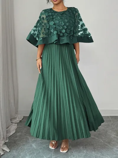 Women Fashion Elegant Plus Size Summer Solid Color Cloak Stitching Pleated A- Line Dress