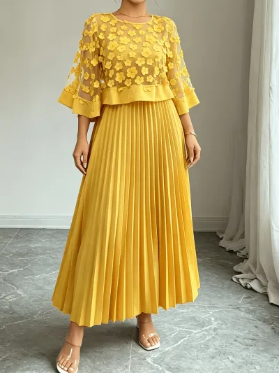 Women Fashion Elegant Plus Size Summer Solid Color Cloak Stitching Pleated A- Line Dress
