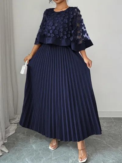 Women Fashion Elegant Plus Size Summer Solid Color Cloak Stitching Pleated A- Line Dress