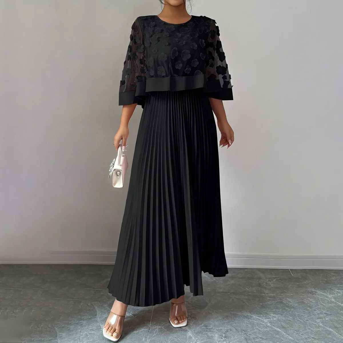 Women Fashion Elegant Plus Size Summer Solid Color Cloak Stitching Pleated A- Line Dress