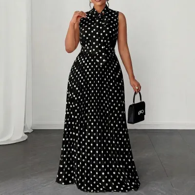 Women Fashion Casual Plus Size Summer Polka Dot Print Sleeveless Strap A- Line Dress