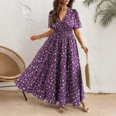 Women Fashion Casual Plus Size Summer Printed V-Neck Short-Sleeve Waist A- Line Dress