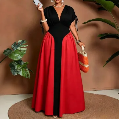 Women Fashion Casual Plus Size Summer Stitching V-Neck Short-Sleeve A- Line Dress